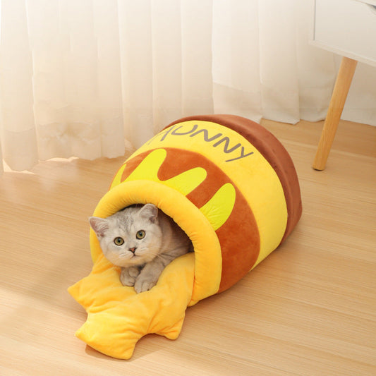 Panier douillet en forme de pot de miel pour chat et chien