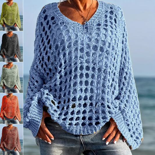 ☕Pull en maille ajourée femme, coupe ample, manches longues, style décontracté et polyvalent🛍️