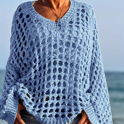 ☕Pull en maille ajourée femme, coupe ample, manches longues, style décontracté et polyvalent🛍️