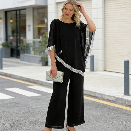 🔥Livraison gratuite！⏳Spécial à durée limitée⏰Elegant Sequin Trim Poncho Top & Wide-Leg Pants Set👚👖