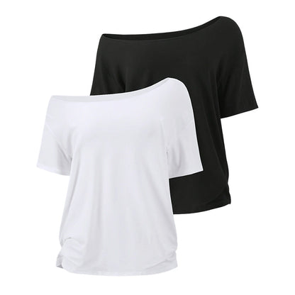 Lot de 2 T-shirts Femme Épaules Dénudées Asymétriques, Haut Manches Courtes Oversized Basique Décontracté