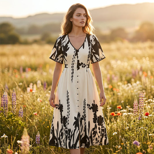 👗 58% de réduction✨Robe midi élégante à col en V et imprimé botanique🍂