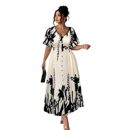 👗 58% de réduction✨Robe midi élégante à col en V et imprimé botanique🍂