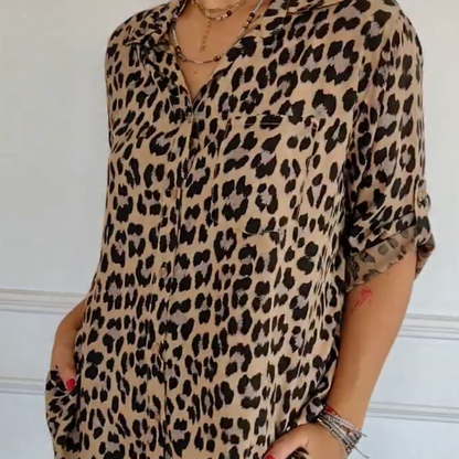 ⏳Offre à durée limitée : 50 % de réduction⏰Chemise élégante à col et manches ajustables, imprimé léopard🐆👚