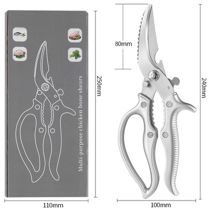 Ciseaux de cuisine multifonctions 🍗 Une lame, plusieurs usages : écailleur à poisson, casse-noix et ouvre-bouteille. Lames dentelées pour une prise en main antidérapante. Verrouillage de sécurité pour éviter les coupures. ✂️