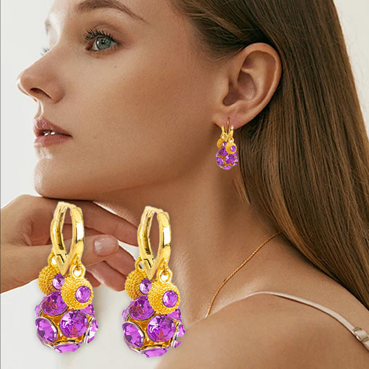 Boucles d'Oreilles Vintage Dorées à l'Or avec Boule de Cristal Violette