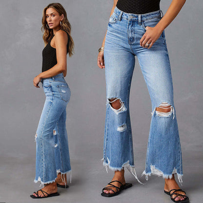 Jean flare taille haute déchiré pour femme