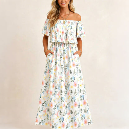 👗 50 % DE RÉDUCTION EN CE MOMENT ! 🌸 Robe longue à manches courtes et épaules dénudées – Imprimé floral, corsage à volants et poches dissimulées ✨