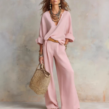 ✨🔥Ensemble 2 pièces pour femme : haut à col en V et pantalon à jambes larges