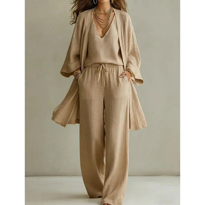 ⏳Offre limitée -50 %⏰Ensemble élégant pantalon à jambes larges, haut intérieur et cardigan (3 pièces) 🧥👚👖