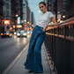 👖  Pantalon Denim Large à Volants Asymétriques – Coupe Taille Haute, Style Bohème & Tissu de Qualité 🌸