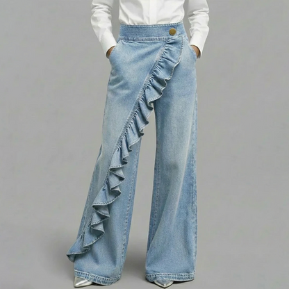 👖  Pantalon Denim Large à Volants Asymétriques – Coupe Taille Haute, Style Bohème & Tissu de Qualité 🌸