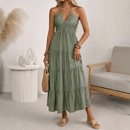 Robe maxi à bretelles dans le dos et dos nu à volants pour femme
