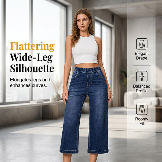 Jeans denim larges et cropped, taille élastique pour femme