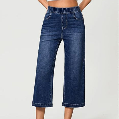 Jeans denim larges et cropped, taille élastique pour femme