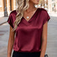 Blouse femme satinée à col V et manches courtes