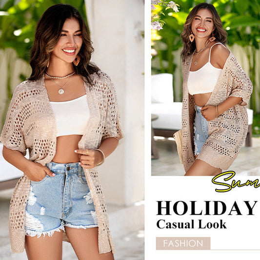 Gilet cardigan à manches courtes et motifs ajourés tricoté pour femme