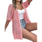Gilet cardigan à manches courtes et motifs ajourés tricoté pour femme