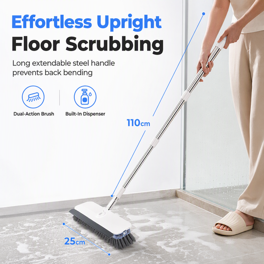 Brosse de nettoyage pour sol 2-en-1 à long manche avec poils rigides et raclette – Outil d'entretien ménager pour salle de bain avec distributeur de savon intégré et tête amovible
