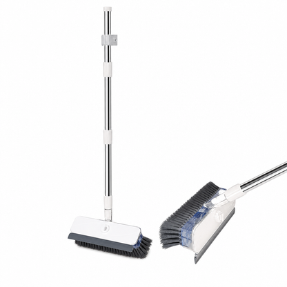 Brosse de nettoyage pour sol 2-en-1 à long manche avec poils rigides et raclette – Outil d'entretien ménager pour salle de bain avec distributeur de savon intégré et tête amovible