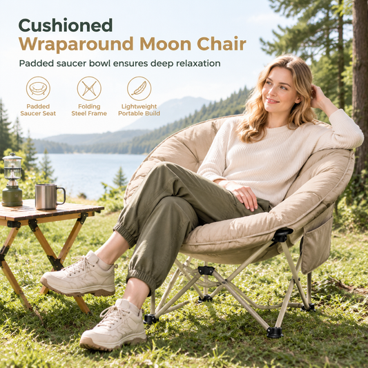 ⛺ Chaise « lune » portable : rembourrage de 5 cm, forme enveloppante, pliable