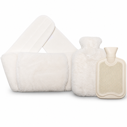 Bouillotte en caoutchouc avec housse en fausse fourrure douce (façon lapin) et ceinture chauffante pour la taille