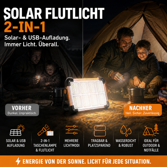📢📢50 % DE RÉDUCTION !! ⏰Projecteur Solaire de Camping : 4 Niveaux de Luminosité, Batterie Externe, Étanche & Portable